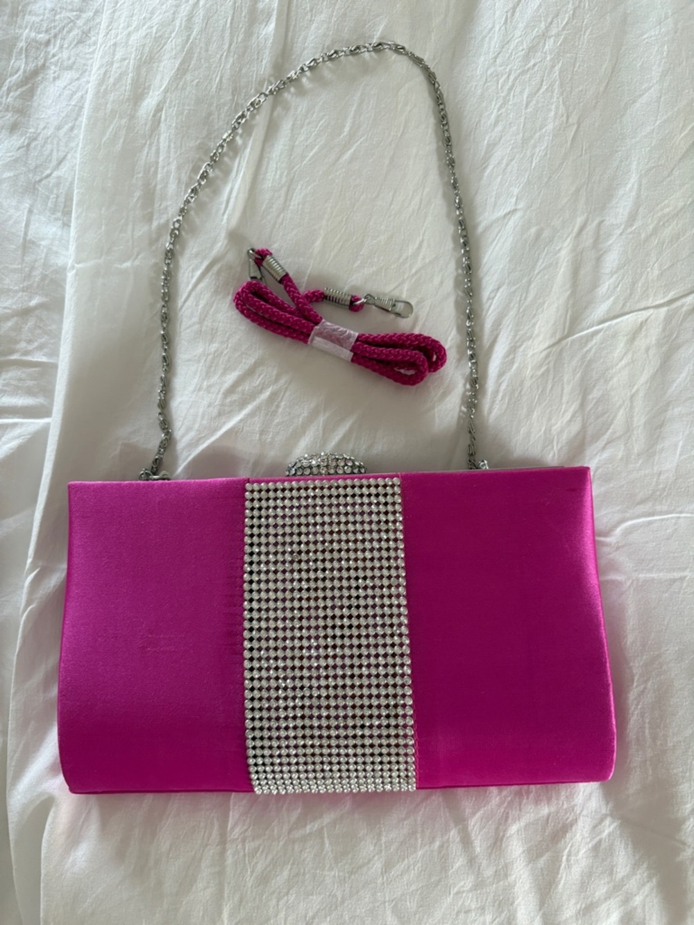 Lulu Townsend Fuchsia Satin Evening Clutch with Rhinestone Trim